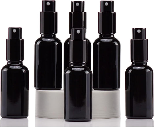 YIZHAO Black Glass Spray Bottles 1oz, with Small Fine Mist Spray, Metal Cap, Refillable for Essential Oil,Travel,Cleaning,Perfume,Aromatherapy,Makeup – 6 Pcs