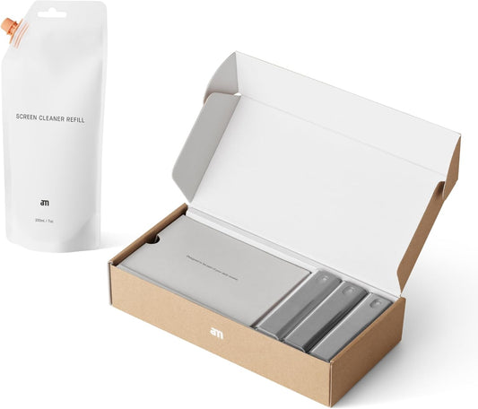 am Screen Cleaner with 7 oz Refill – Alcohol-Free Spray & Microfiber Cloth for iPhone 15 & 14, iPads, Tablets, Laptops, Phones, Smart TVs, Car Displays – Streak-Free, Non-Toxic, Eco-Friendly, Gray