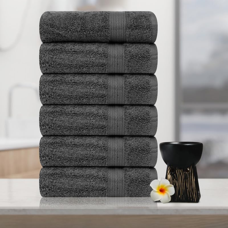 Ample Decor Hand Towels for Bathroom 18 X 28 Inch 600 GSM 100% Cotton, Soft Absorbent - 6 Pcs Gray