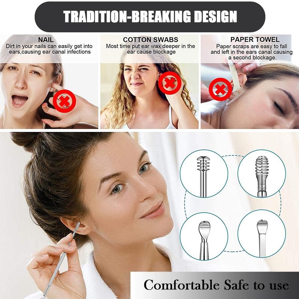 Spring Ear Cleaning Tool Kit - Contains 6 Pieces of Adult Spiral Ear Wax Remover, Ear Picker, Ear Wax Remover, Etc. -Ear Wax Removal Kit with Housing - Black