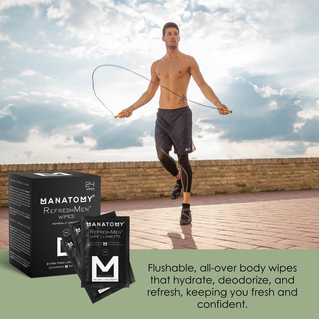 MANATOMY® RefreshMen Hygiene Wipes, On-the-Go Individually Wrapped, Refreshing and Hydrating Body Wipes with Aloe Vera & Chamomile, Extra-Thick & Large, Designed for Men, 24ct