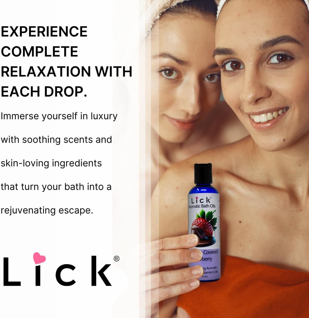 LICK Chocolate Covered Strawberry Aromatic Bath Oil - Natural Sweet Almond, Vitamin E & Jojoba Oils for Luxurious Experience for Women. Moisturizes Dry Skin, 12 Enchanting Aromas, Made in USA 4 fl oz