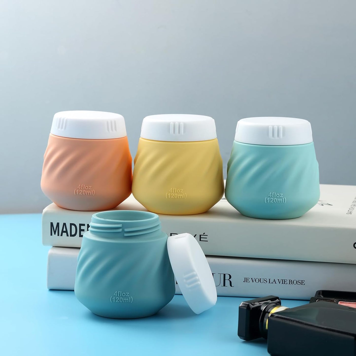 Gemice 4 OZ Travel Size Containers for Toiletries, 4-Pack Leak-Proof Silicone Slime Jars with Lids, BPA Free Small Round Cosmetic Slime Container for Lotion, Cream, Ointments, Travel Essentials