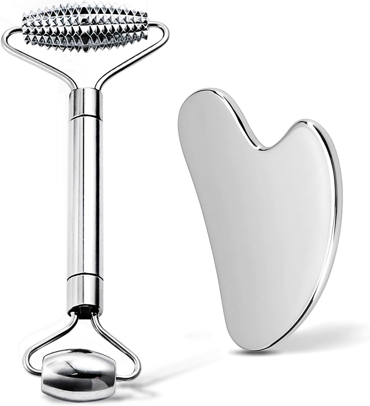 Gua Sha & Face Roller, Stainless Steel Gua Sha Facial Tools for Face, Eyes,Chin & Jawline Sculpting,Body Gua Sha Tools with Pouch