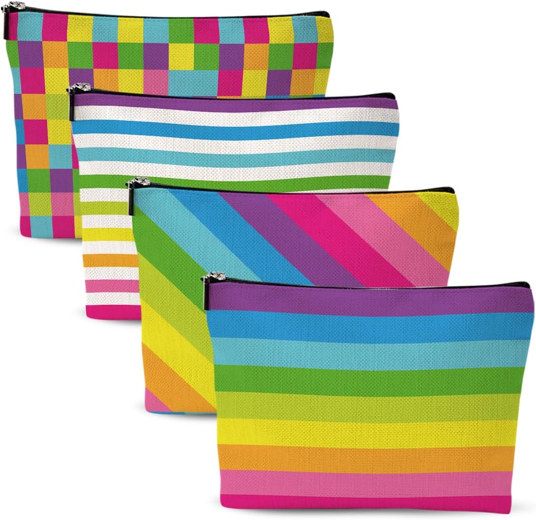 4pcs Colorful Rainbow Makeup Bag, Bright Neon Colors Cosmetic Bag, Christmas Wedding Anniversary Birthday Friendship Gifts for Women Girls Best Friends Therapist Bestie Mom Travel Toiletry Bag