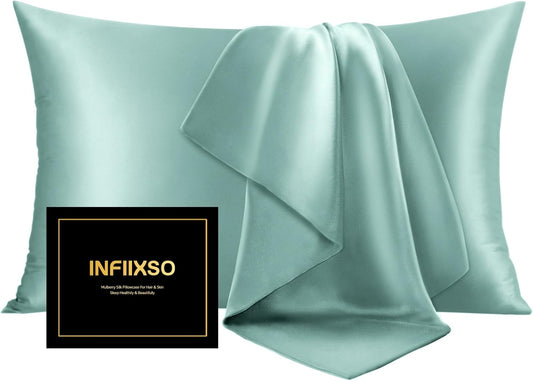 INFIIXSO Silk Pillow Cases 2 Pack Standard Size, Ultra Smooth & Soft Mulberry Silk Pillow Case for Hair and Skin, Breathable Cooling Silk Pillowcase with Hidden Zipper (ICY Morn, 20x26 Inches)