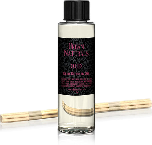 Urban Naturals Reed Diffuser Oil Refill, Oud Diffuser Oil with Raspberry, Warm Amber, Bergamot, 4 oz + Free Reed Sticks, Made in The USA