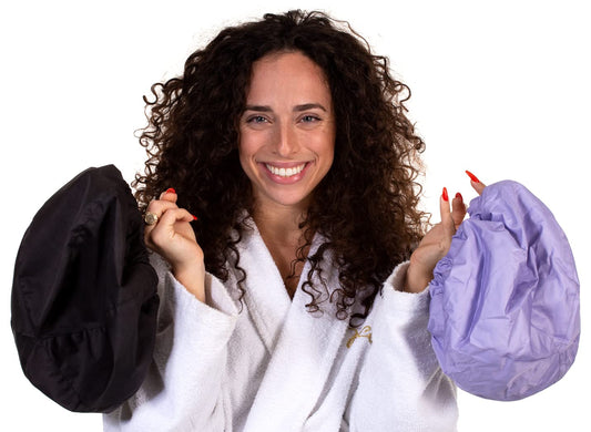 2 Premium Shower Cap for Women - 500+ Showers, 100% Waterproof, Double-Sided, For Long Hair & Great For Curls (Anti-Frizz) (Black & Purple)