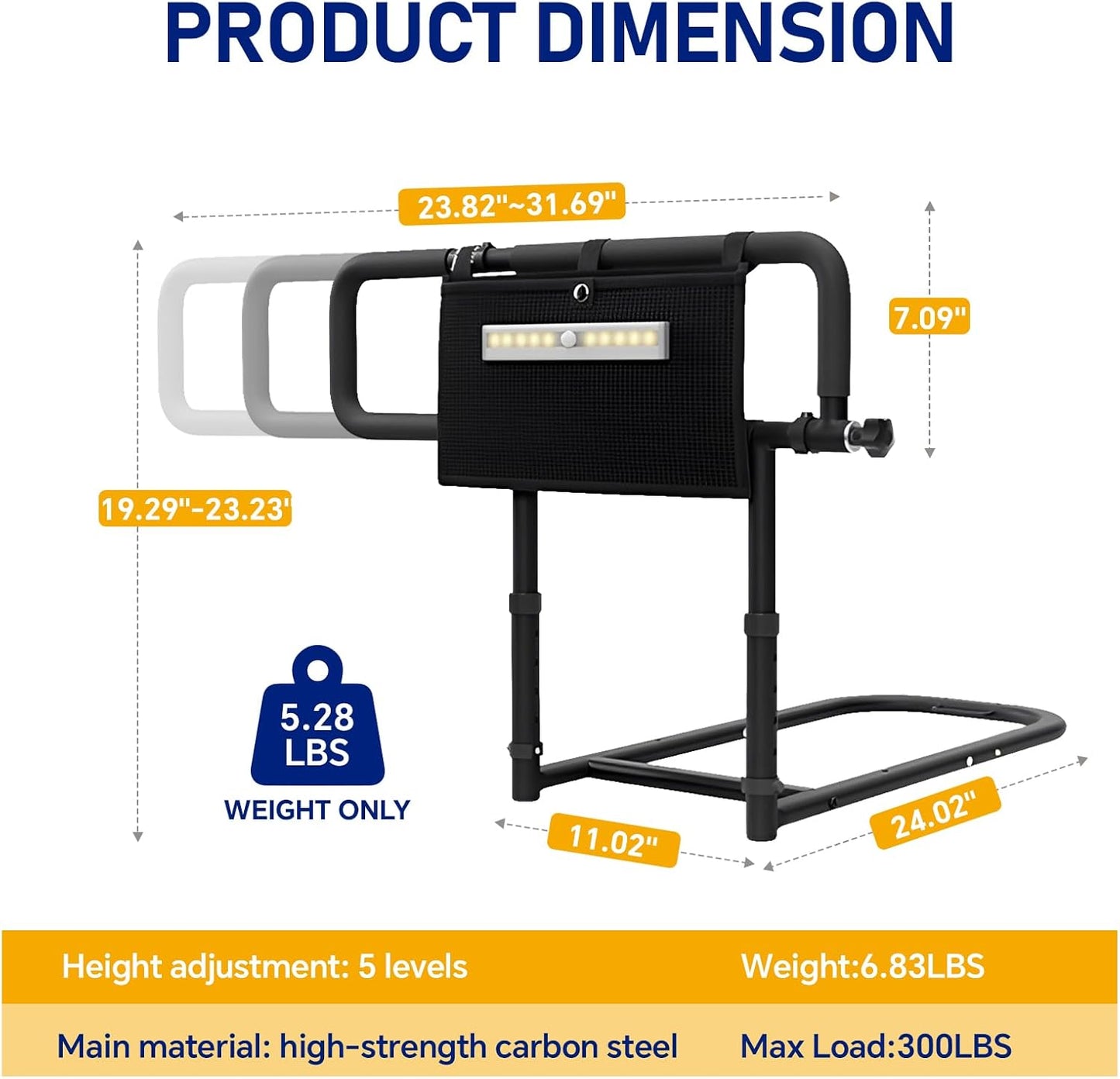 Foldable Bed Rails for Elderly Adults - 300 lbs Weight Capacity, 5-Level Height & 3-Level Arm Adjustment, Portable Bed Assist Rail with Night Light & Storage Bag, No-Drill Installation