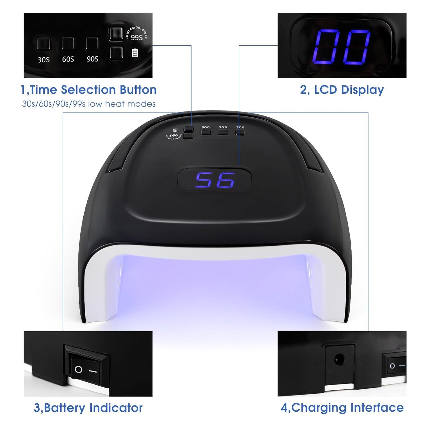 Professional Rechargeable 60W UV LED Portable Cordless UV Light for Nail Lamp Machine with Removable Stainless Steel Bottom,4 Timer Setting and Smart Sensor Nail Dryer (Black)