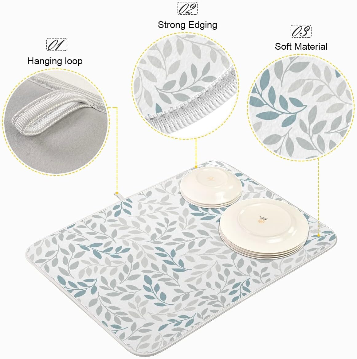 Grey and Blue Leaves branches Dish Drying Mat 18x24 for Kitchen Gray Leaves Botanical Spring Flowers Dishes Pad Dish Drainer Rack Mats Absorbent Fast Dry Kitchen Accessories