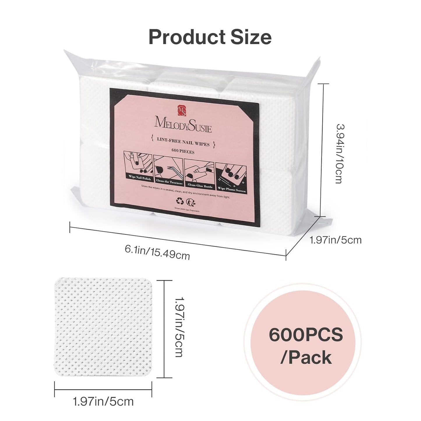 MelodySusie 600Pcs Lint Free Nail White Wipes Super Absorbent Soft Non-Woven for Fingernail Polish Remover and Eyelash Extension Wipes for Nail Art