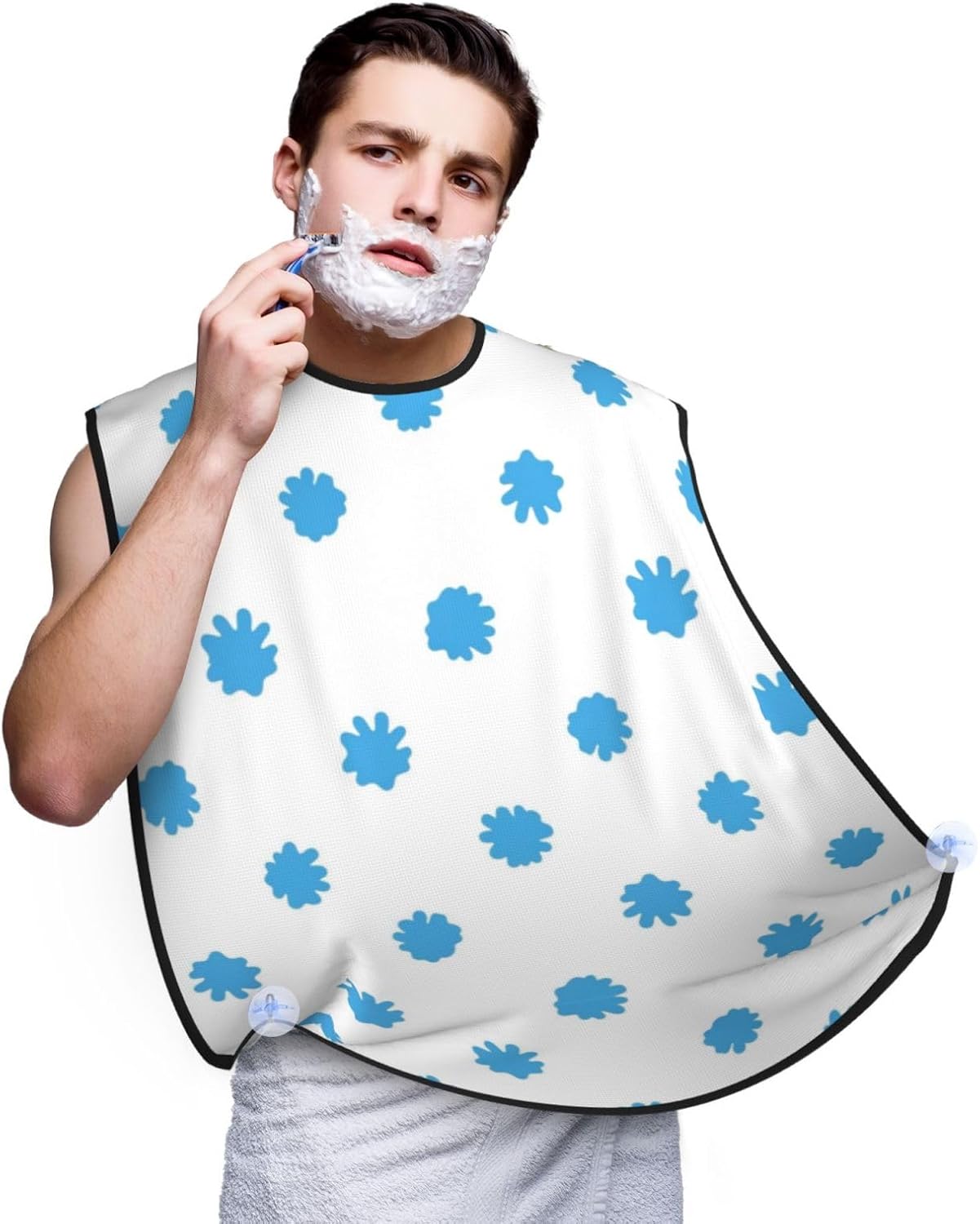 Beard Bib with 3 Suction Cups, Non-Stick Waterproof Hair Catcher Apron, Men's Shaving Essential for Grooming, Light Blue Animal Cow Print Shave Bib