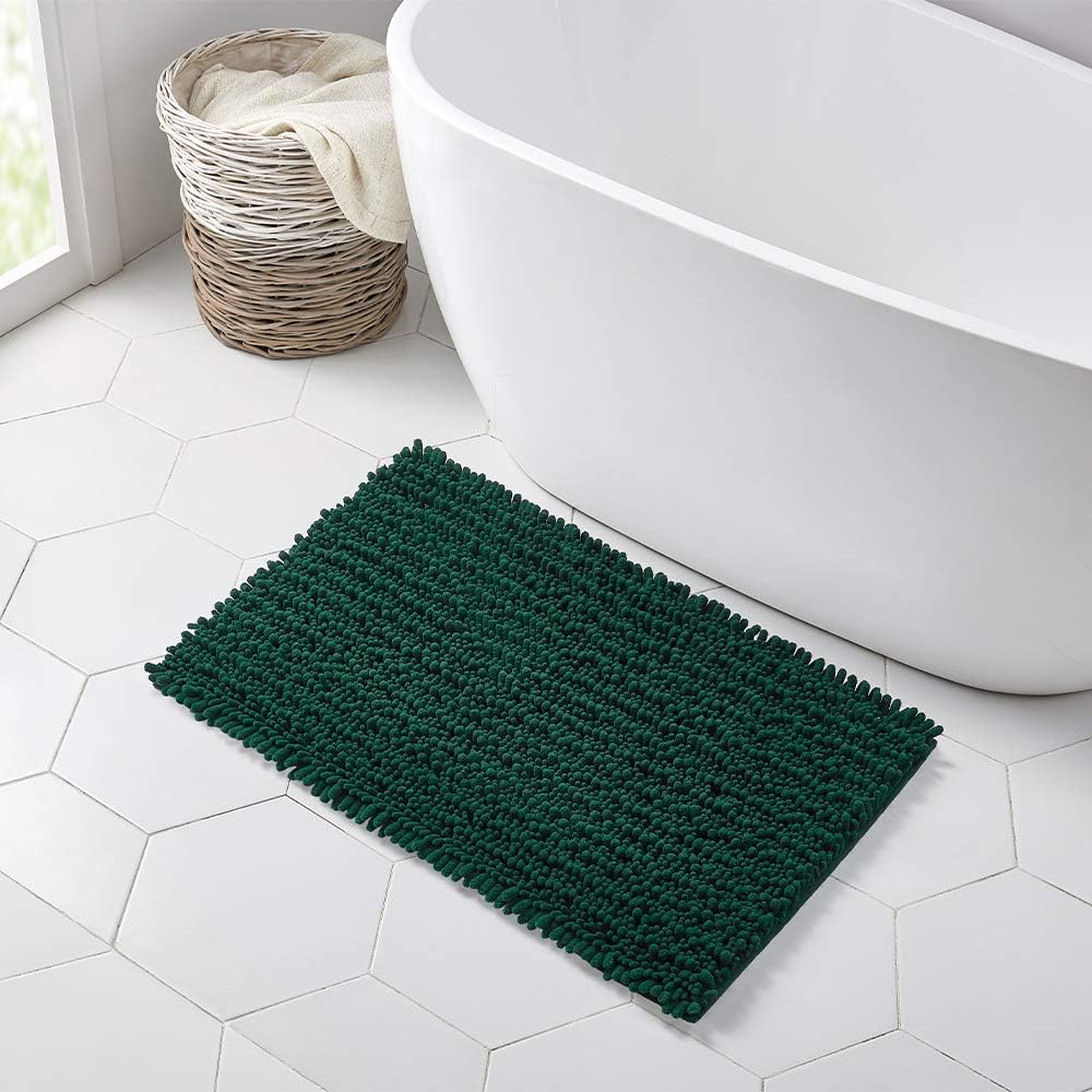 Walensee Bathroom Rug Non Slip Bath Mat (32x20 Inch Hunter Green) Water Absorbent Super Soft Shaggy Chenille Machine Washable Dry Extra Thick Perfect Absorbant Best Large Plush Carpet For Shower Floor