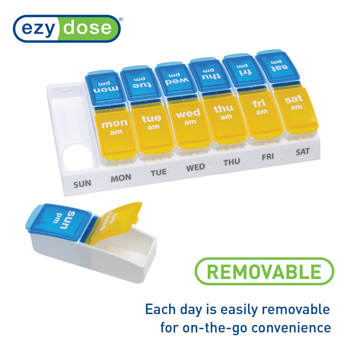 EZY DOSE Weekly AM/PM Pill Organizer, 7-Day Vitamin and Medication Box with Large Pop-Out Compartments, 2 Times a Day Pill Holder for Easy Dosing, Yellow and Blue Lids, Travel-Friendly Design