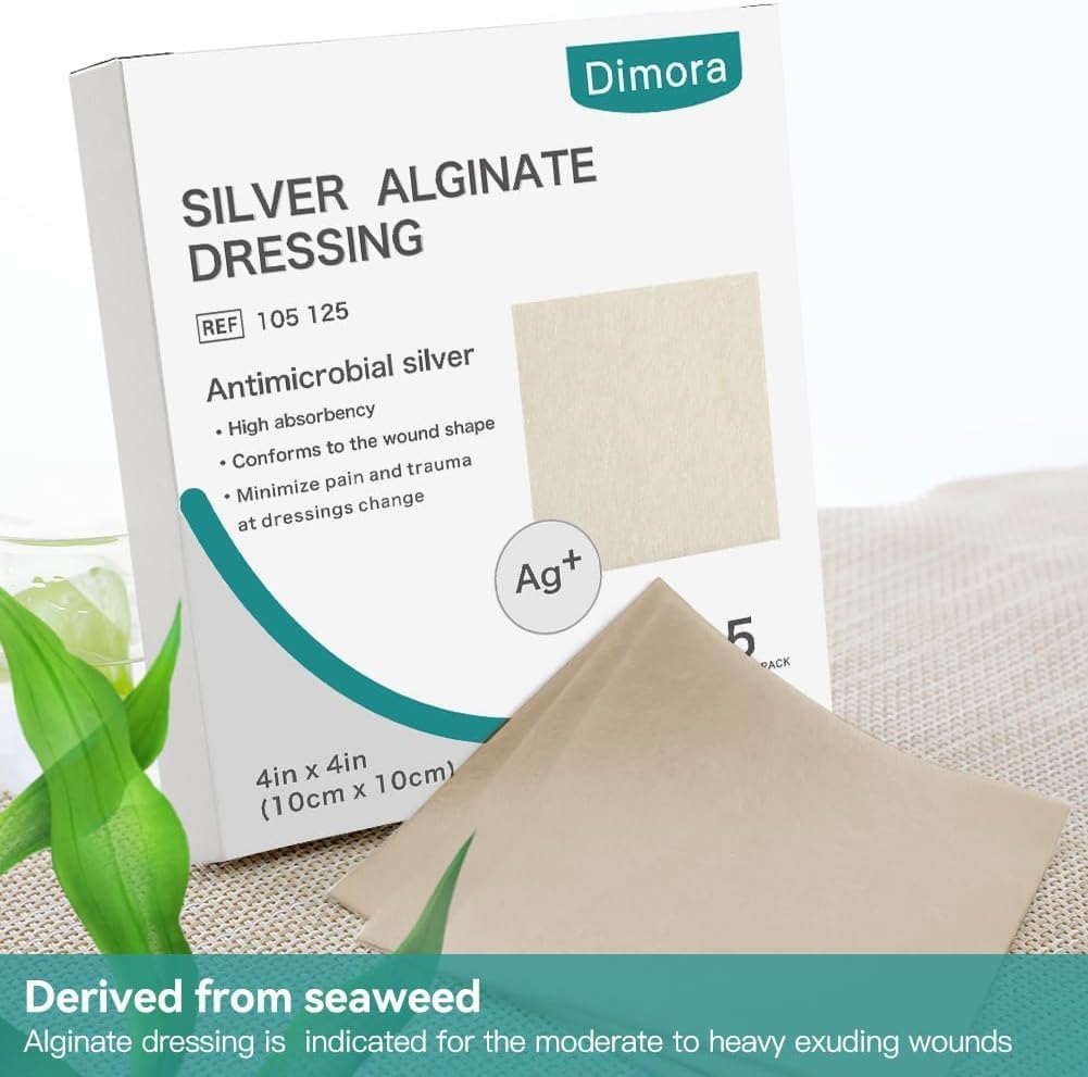 Dimora Upgrade Silver Calcium Alginate Wound Dressing -Antibacterial Non Stick Gauze, Highly Absorbent Sterile Bandage Pads,4'' x 4'' Patches 5 Packs