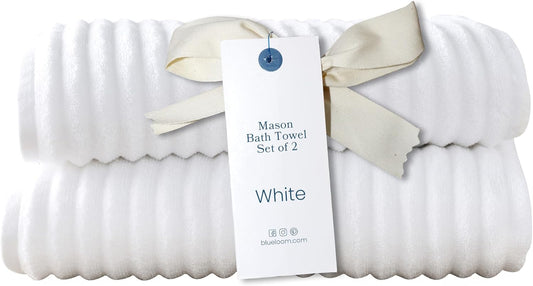 Blue Loom Ribbed Bath Towels Set, 100% Cotton 600 GSM, Soft Absorbent Durable Quick Drying 2 Bath Towels for Bathroom - Mason Set of 2 White (58" x 30" Inch)