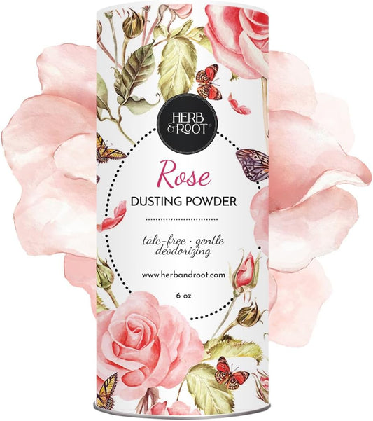 Herb & Root Rose Scented Talc-Free Dusting Powder for Women: Anti-Chafing Body Powder with Arrowroot and Oats, 6 oz