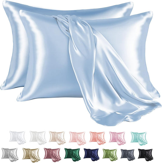 MR&HM Satin Pillowcase for Hair and Skin, Silk Satin Pillowcase 2 Pack, King Size Pillow Cases Set of 2, Silky Pillow Cover with Envelope Closure (20x36, Light Blue)