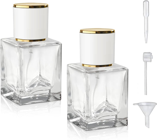 2 Pack 30ml/1 Oz Glass Spray Bottle Perfume Atomizer,Empty Travel Refillable Perfume Spray Bottle with 3 Kinds of Dispenser (White Cap, 30ml)