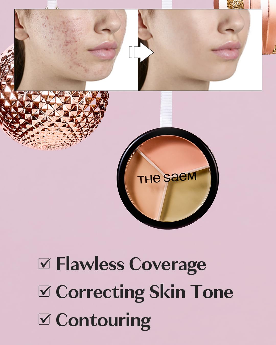 THESAEM Cover Perfection Triple Pot Concealer - 3 Color Concealer with Clear Beige, Green & Peach Shades - Full Coverage to Correct & Conceal Redness, Dark Circles, 01 Correct Beige