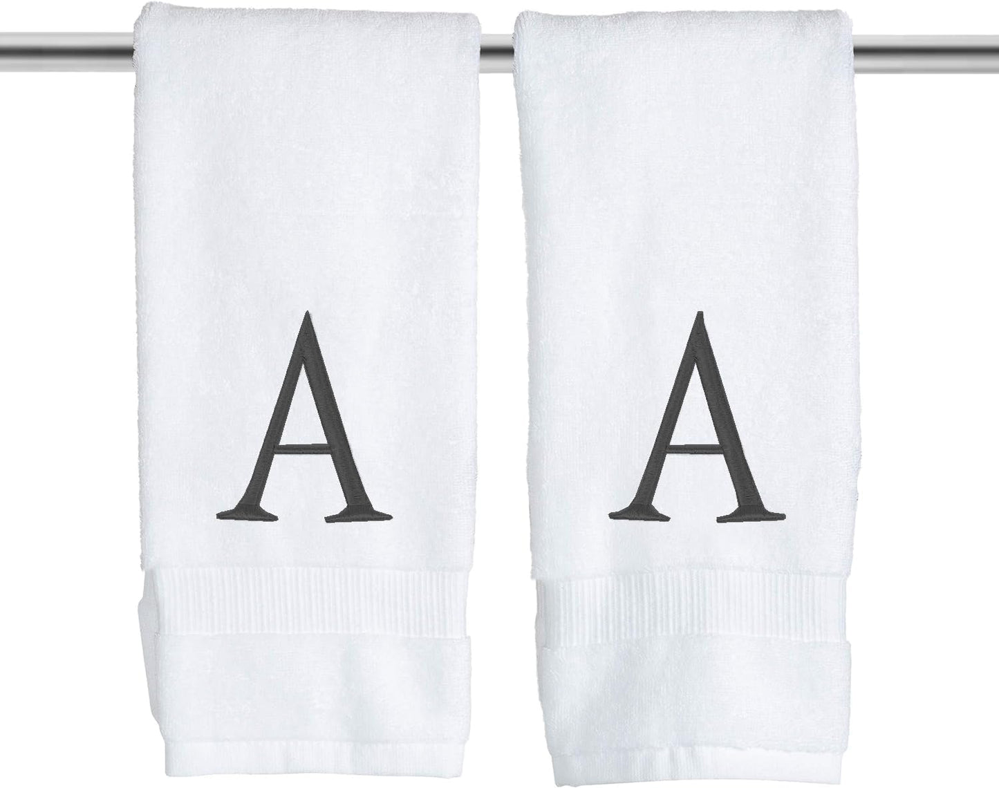 Dark Gray Monogrammed Hand Towels for Bathroom - Luxury Hotel Quality Personalized Initial Decorative Embroidered Towel for Powder Room, Spa - GOTS Organic Certified - Set of 2 Letter A