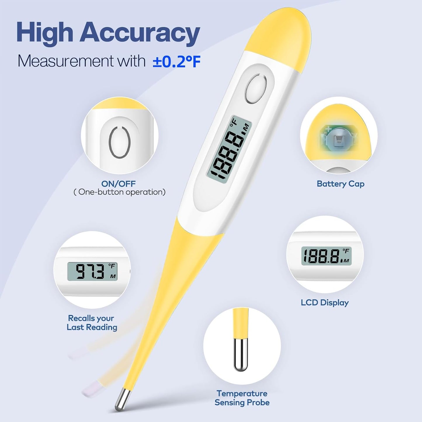 Boncare 10 Seconds Digital Thermometer for Adults and Kids - Accurate & Safe Rectal Thermometer for Baby with Fever Alarm, Oral Thermometer (Yellow)