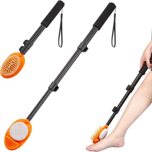 Foot Scrubber with Pumice Stone, 3 in 1 Adjustable Aluminum Tube 15”-28” Shower feet Dead Skin Remover, Foot Cleaning Brush for Seniors,Elderly, Disabled Men and Women