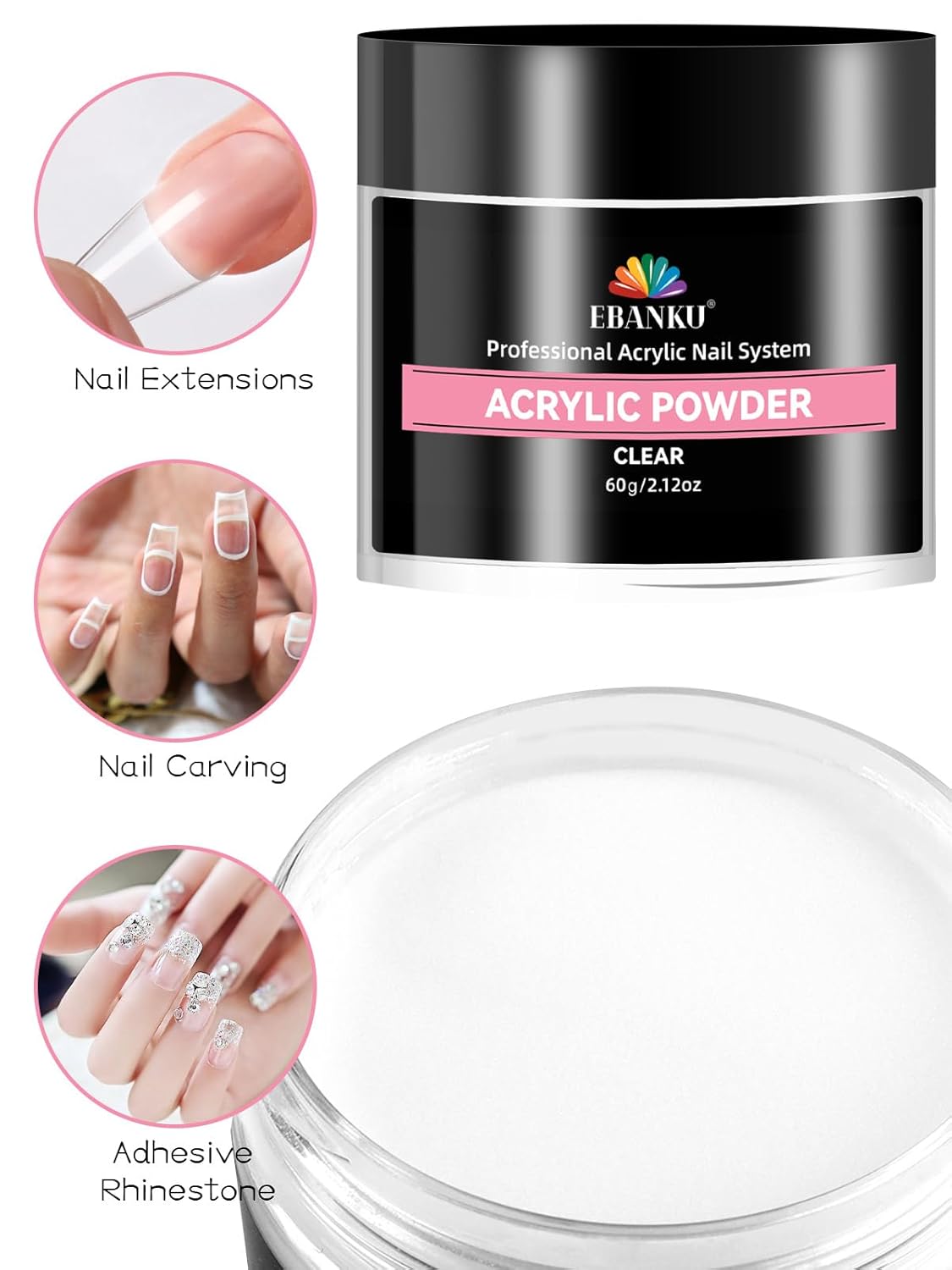 EBANKU Clear Acrylic Powder, 60g/2.12oz Crystal Transparent Acrylic Nail Powder for Nail Extenstion, Nail Carving, Professional Nail Powder for French Manicure, Long-Lasting, No Lamp Needed