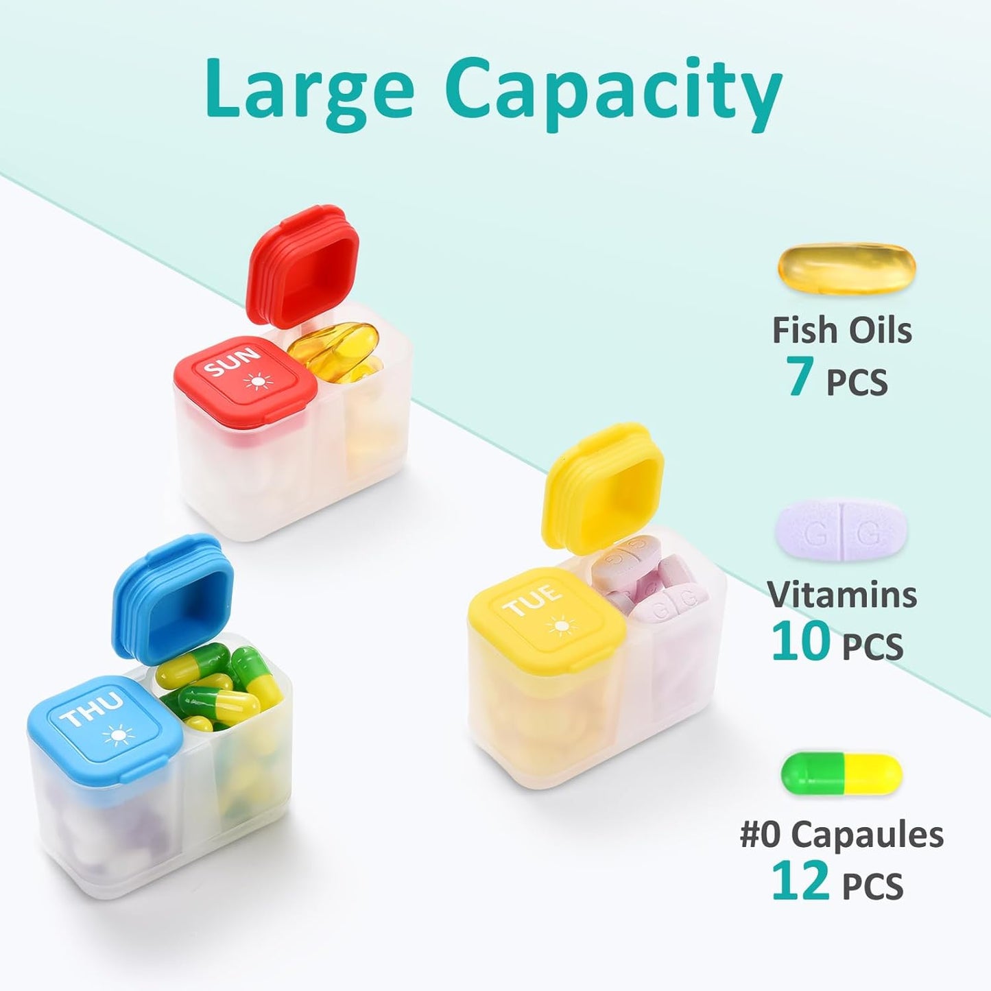 Fullicon Moisture-Proof Pill Organizer 2 Times a Day, Weekly Pill Boxes & Organiser with Silicone Lids, Large Capacity AM PM Pill Organizer 7 Day, Travel Pill Case for Vitamins (Clear Rainbow)