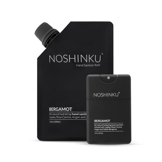 Noshinku Bergamot Pocket Hand Sanitizer Refill Kit: Refill Pouch + Sprayer Bundle | Organic Antibacterial Sanitizing Mist with Moisturizing Oils | FDA Registered | 70% Sugarcane Derived Alcohol