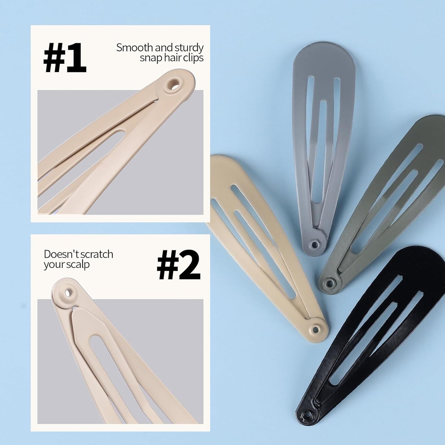 Teenitor Snap Clips, 48pcs Snap Hair Clips Hair Barrettes and 100pcs Clear Hair Bands, Metal Hair clips Barrettes for Women Girls, 2 Inch barrette clips Matte Black Grey Green Taupe