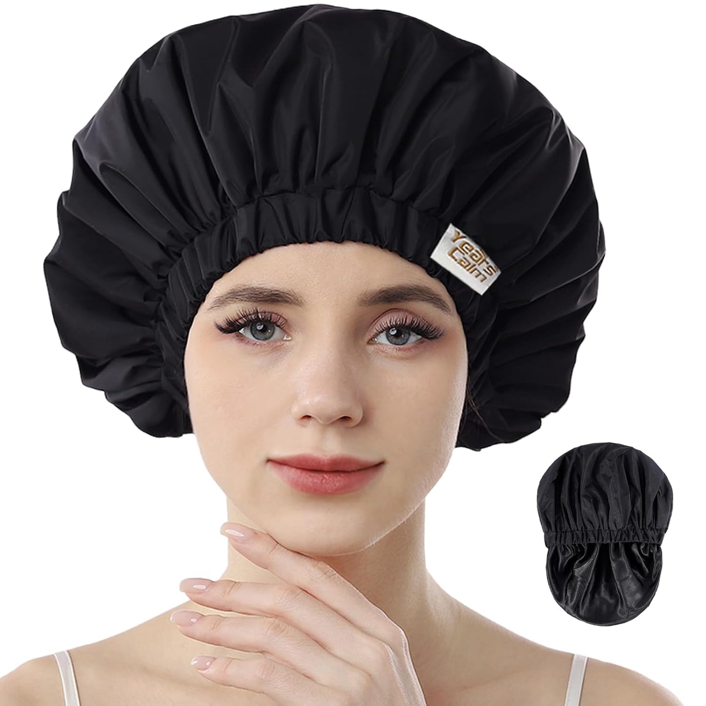 Years calm Reusable Waterproof Shower Caps for Women, Hair Caps for Showers, Double-Layer Elastic Design, for All Hairstyles, Travel-Friendly (black)