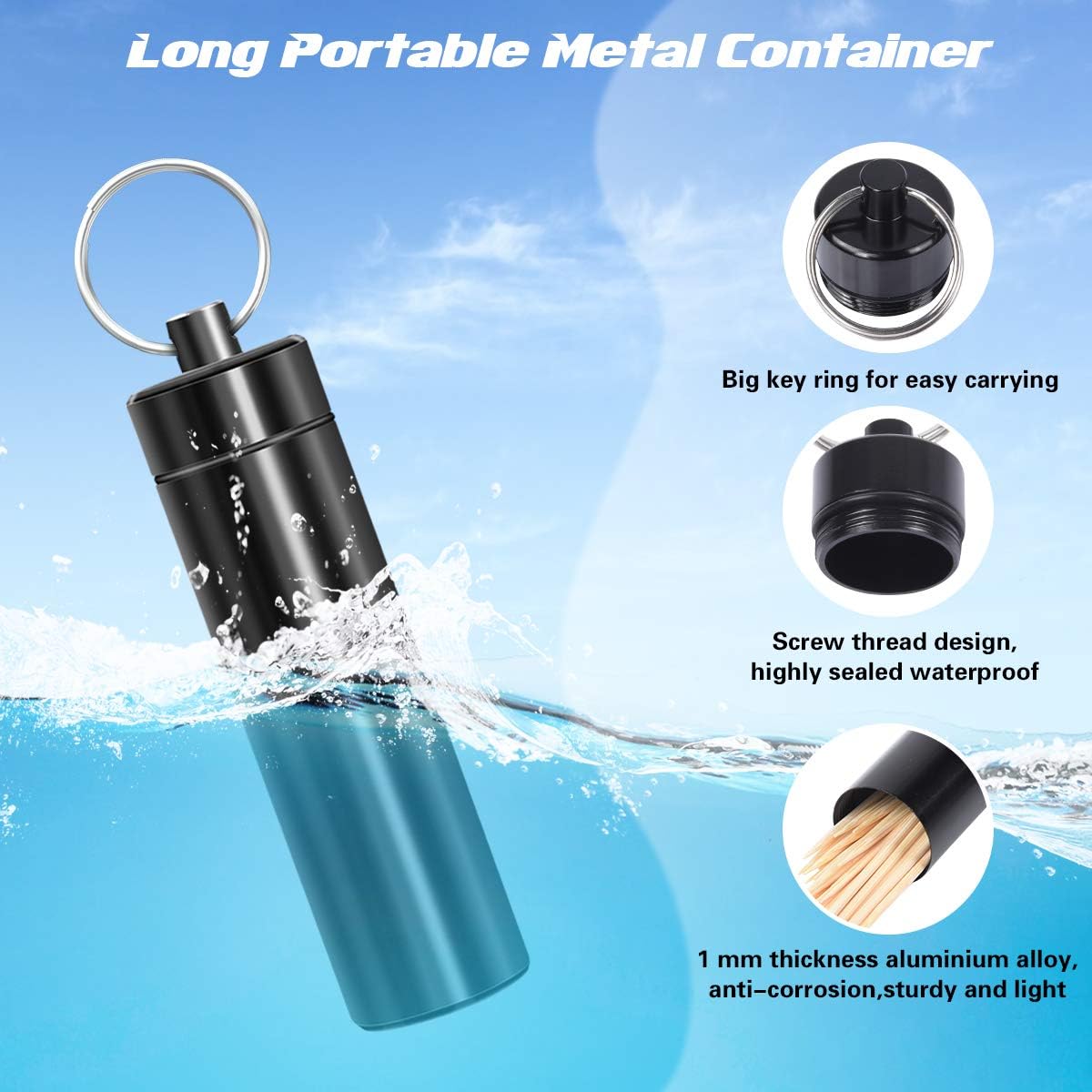 Minisland Large Portable Metal Aluminum Toothpick Holders Keychain Pocket Outdoor Travel Small Q-Tips Pill Containers Waterproof Dia.23mm Silver and Black Set -MSL144