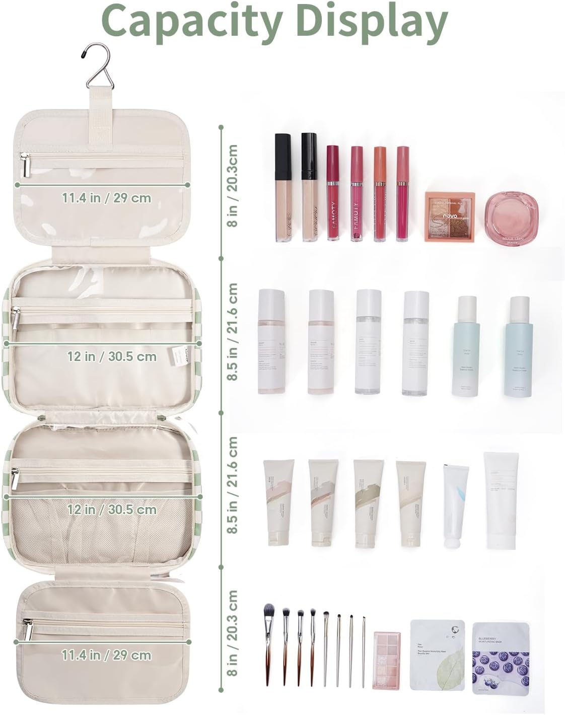 Narwey Travel Toiletry Bag for Women Large Hanging Makeup Bag Organizer Toiletries Bag for Full Size Essentials Accessories Cosmetics (Mint Green Checkerboard (Large))