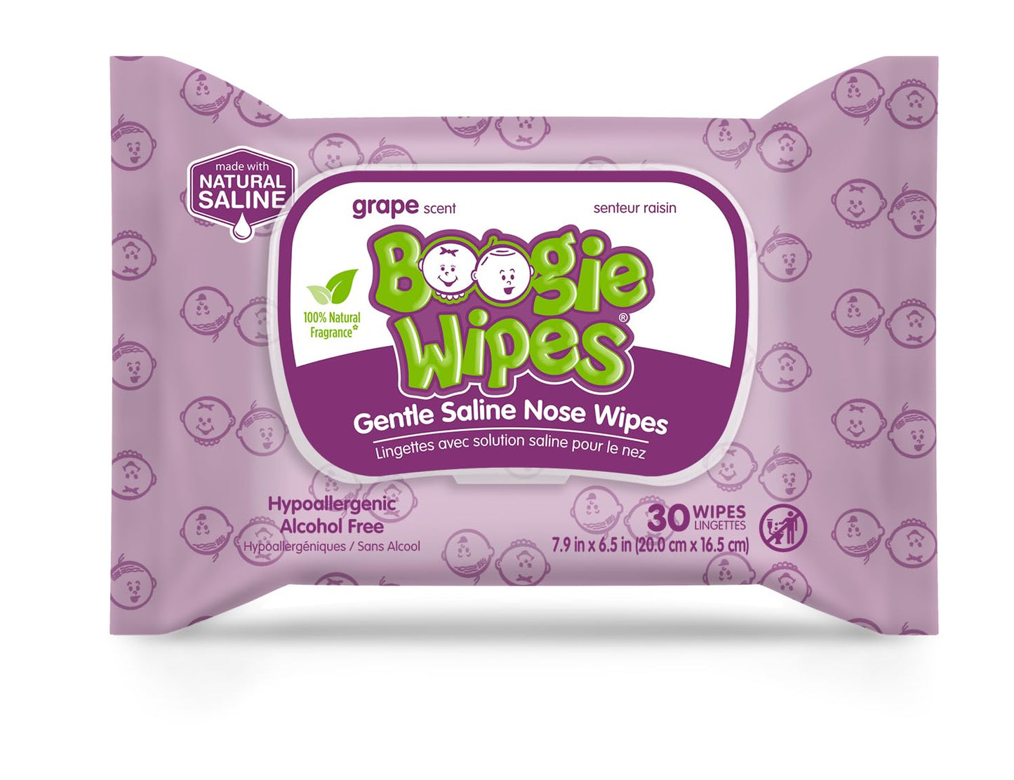 Boogie Wipes, Saline Wipes for Baby & Kids, Nose Booger Wipes for Allergy Relief, Face, Hand & Body, Made with Vitamin E, Aloe and Natural Saline, Grape, 30 Count (Pack of 1)