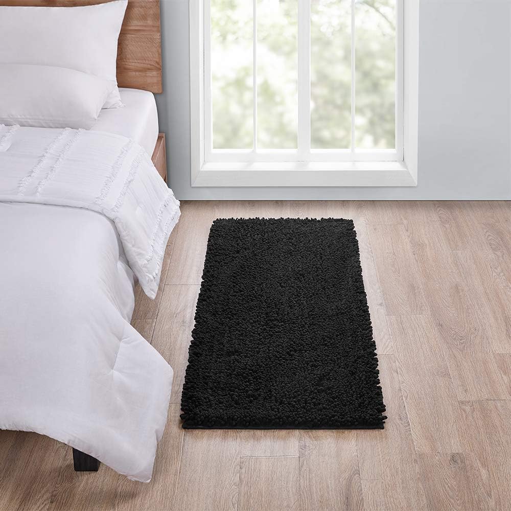 Walensee Large Bathroom Rug Non Slip Bath Mat (72x24 Inch Black) Water Absorbent Super Soft Shaggy Chenille Machine Washable Dry Extra Thick Perfect Absorbant Best Plush Carpet for Shower Floor
