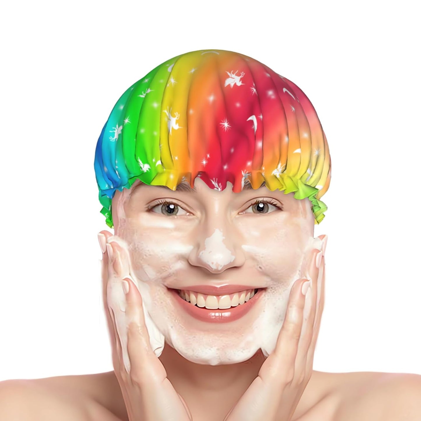 Rainbow Shower Caps Colorful Dual-Layer Waterproof Bath Hat Reusable Hair Caps Elastic Hair Hat for Shower Cooking Clean Makeup Travel