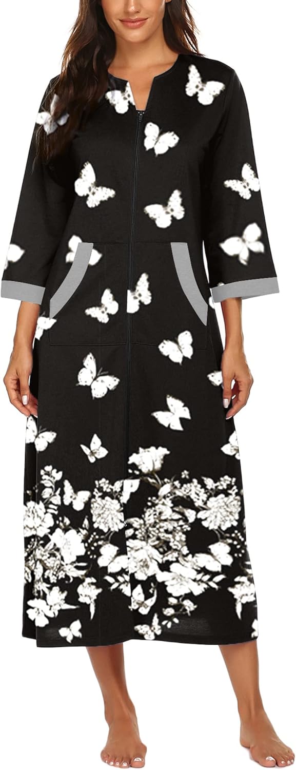 Ekouaer Women Zipper Robe 3/4 Sleeves Loungewear Dress Full Length Sleepwear Pockets Housecoat Nightgown Long Bathrobe