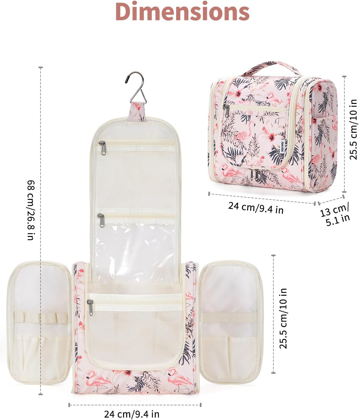 Narwey Hanging Toiletry Bag for Women Travel Makeup Bag Organizer Toiletries Bag for Cosmetics Essentials Accessories (Large, Beige Bird)