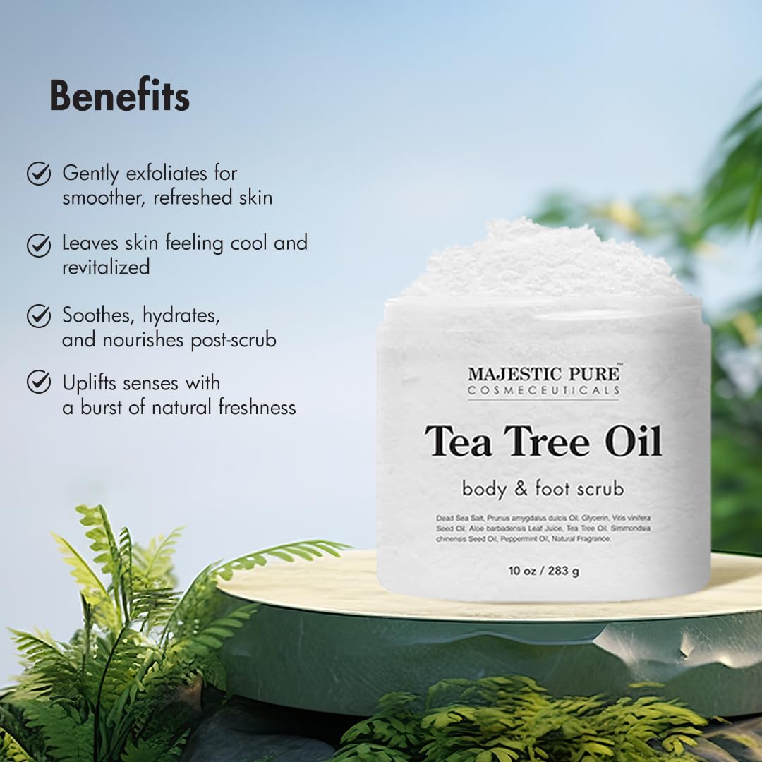 MAJESTIC PURE Tea Tree Foot & Body Scrub with Tea Tree Oil, Exfoliating Salt Scrub to Exfoliate & Moisturize Skin, Deep Cleansing - 10 oz