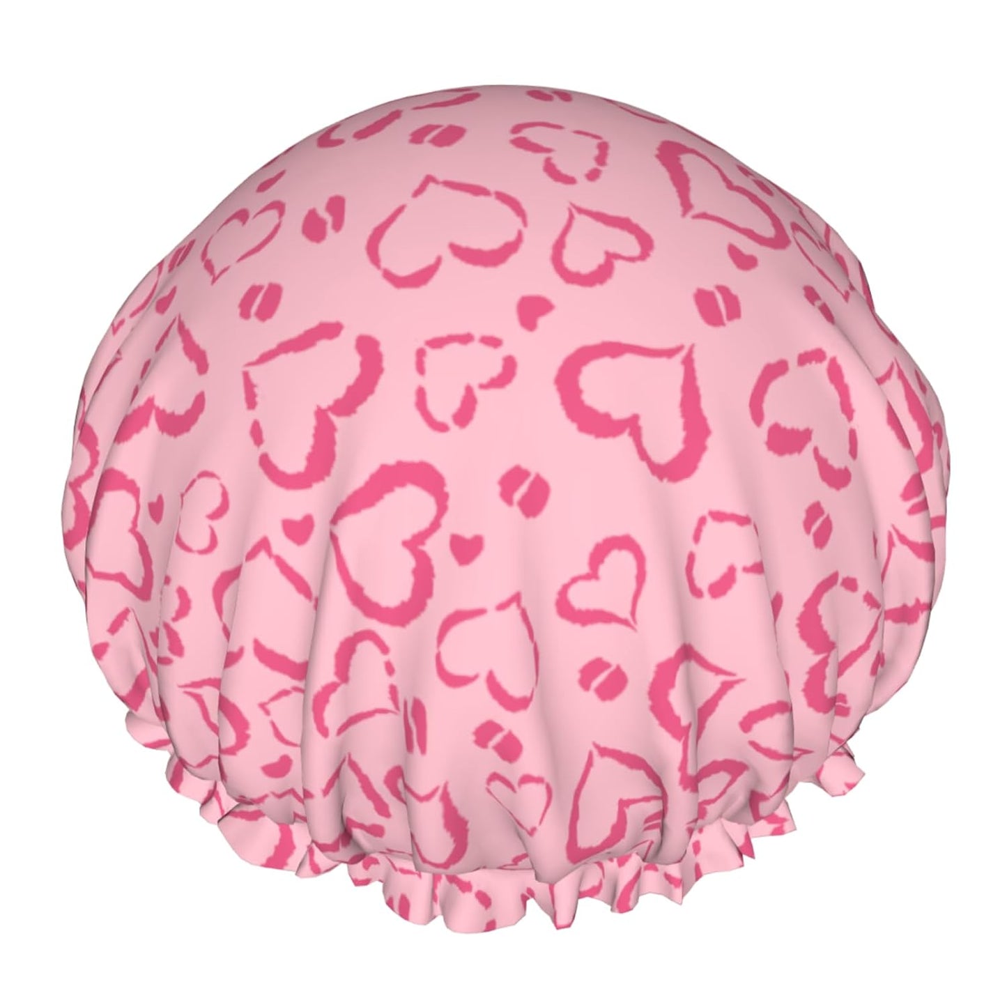 Leopard Print Reusable Shower Caps Pink Heart Dual-Layer Waterproof Bath Hat Hair Caps Elastic Hair Hat for Shower Cooking Clean Makeup Travel