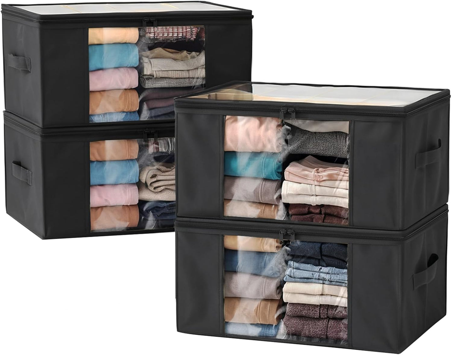 Clothes Storage Bags, Foldable Thick Fabric Blanket Storage Bags, Large Clear Window & Carry Handles, Great for Clothes, Blankets, Closets, Pillows, Toys (Black, 4PACK)