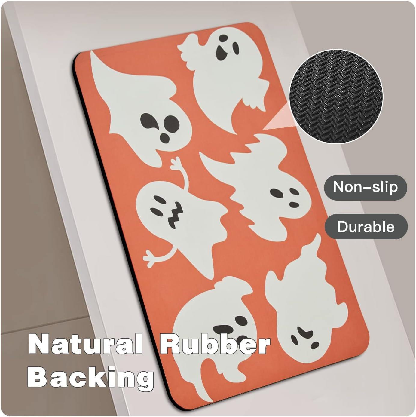 Halloween Bath Mat, Thin Halloween Bathroom Rug Non Slip Quick Dry Bath Mat Fits Under Door Thin Floor Mat Halloween Decor, 17''x30'', Cute Ghosts Orange