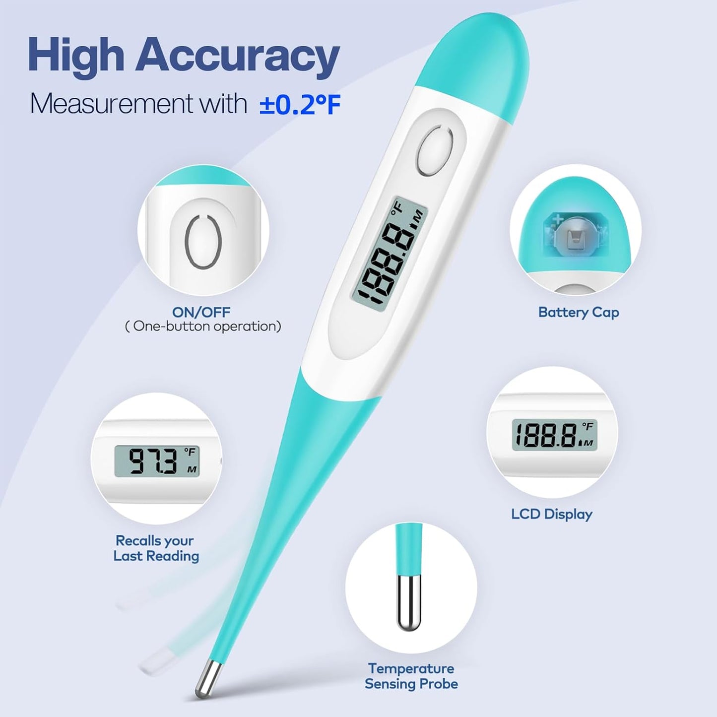 Boncare 10 Seconds Oral Thermometer for Adults and Kids - Accurate & Safe Rectal Thermometer for Baby with Fever Alarm, Digital Thermometer (Blue Green)