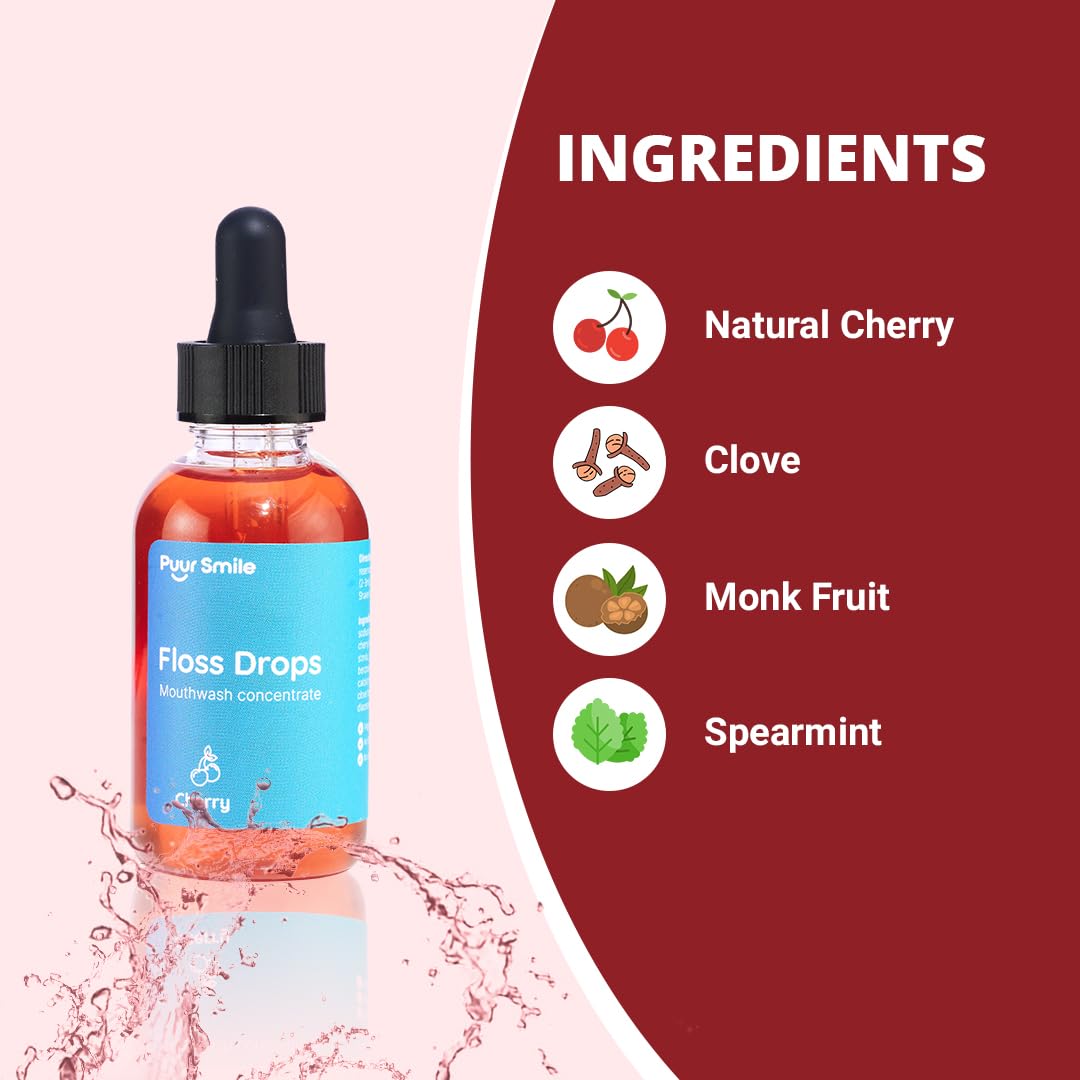 Concentrated Floss Drop Serum – 2oz Concentrated Mouth Wash to Use in Water Flosser | Natural Essentials Promotes Good Breath | Organic Drop Provides Good Oral Health (Cherry Flavor)