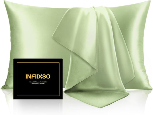 INFIIXSO Mulberry Silk Pillowcase for Hair and Skin, Silk Pillow Cases Standard Size with Hidden Zipper 20"x26", Extraordinary Smooth and Soft Cooling Pillow Cases for Hot Sleepers(Sage Green, 1 Pack)