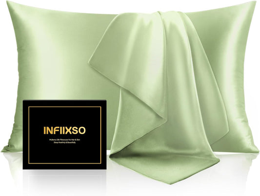 INFIIXSO Mulberry Silk Pillow Cases King Size Set of 2, Silk Pillowcase with Hidden Zipper 20"x36", Extraordinary Smooth and Soft Pillow Case for Hair and Skin(Sage Green, 2 Pack)