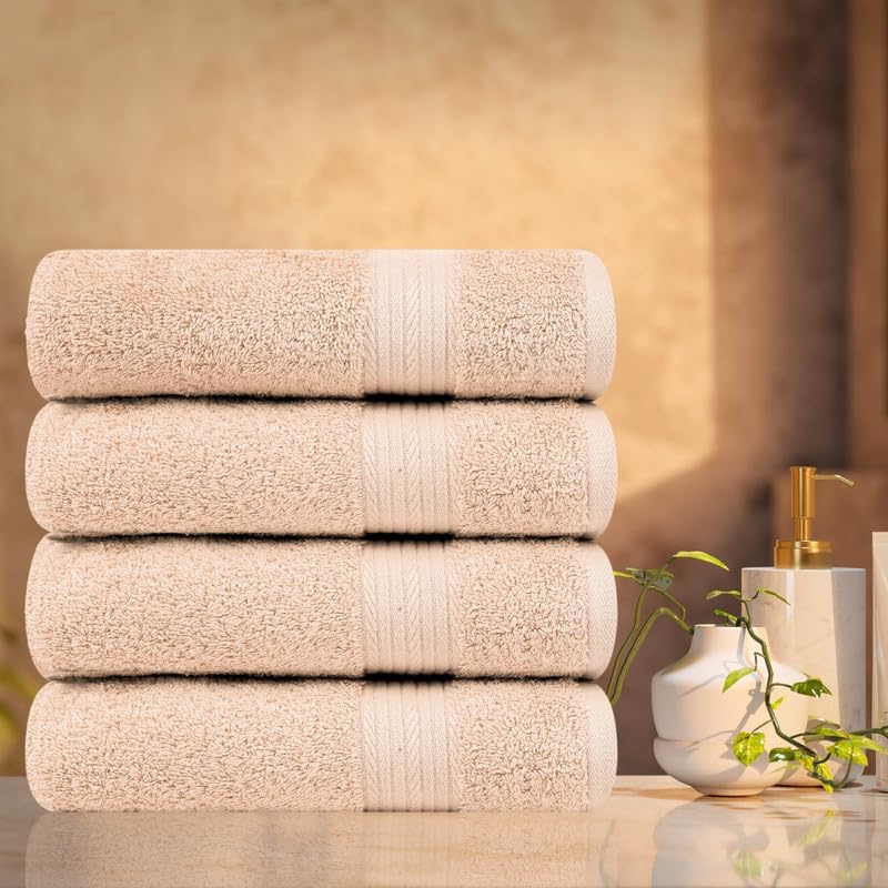 Ample Decor Hand Towel 18 X 28 Inch Pack of 4, 600 GSM, 100% Cotton, Oeko Tex Certified, Beige