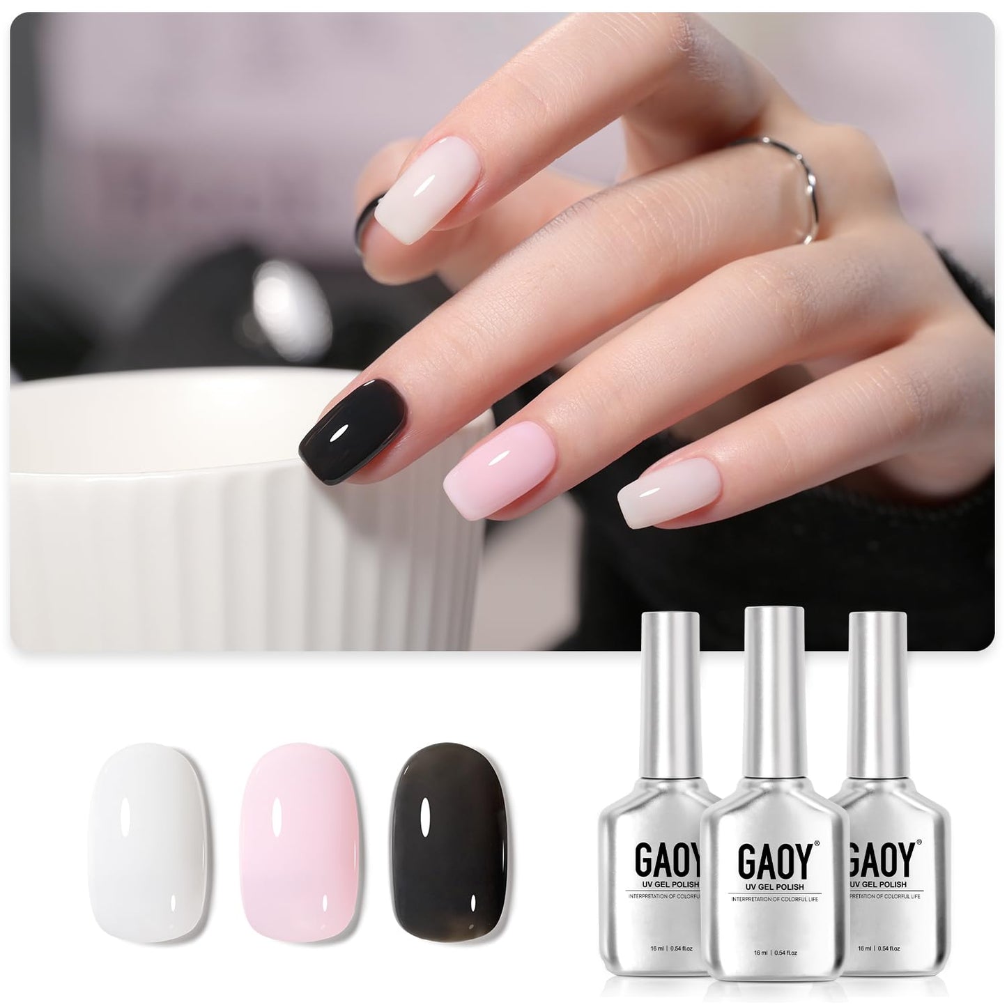 GAOY Gel Nail Polish Kit, 3 Colors 16ml Jelly Black White Pink, Soak Off UV Gel Polish Set - Encounter Romance